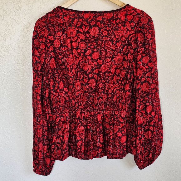 Knox Rose Women’s Red Floral Peplum Long Slv V-Neck Size S Boho Babydoll Flowy - Picture 2 of 7